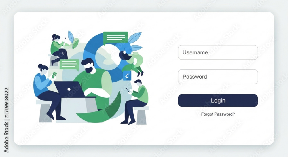 Wall mural login page interface with teamwork illustration user authentication, account access, and secure logi