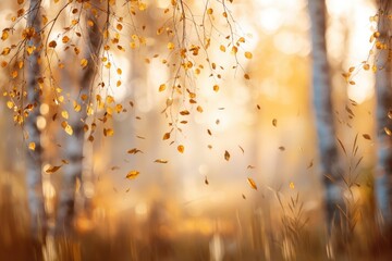 Blurred autumn nature landscape background, serene autumn meadow with birch trees and falling leaves in soft golden sunlight