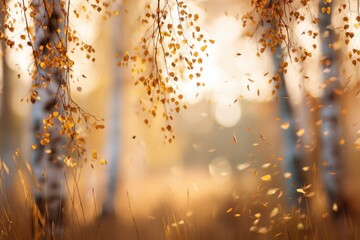 Blurred autumn nature landscape background, serene autumn meadow with birch trees and falling leaves in soft golden sunlight