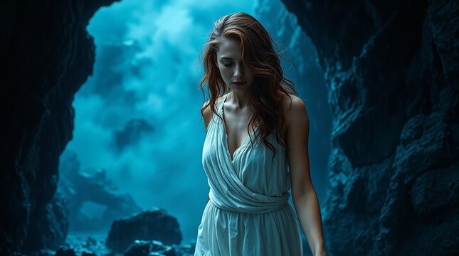 Eurydice at the entrance of a cave to the underworld, illustration for the Greek myth "Orpheus and Eurydice"