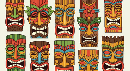 Fototapeta premium Collection of tiki mask traditional hawaiian or polynesian tribal totem, ancient wooden carving, and cultural symbol