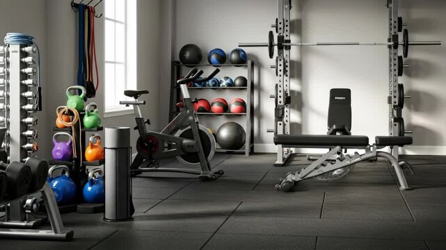 Home Gym Equipment and Exercise Bikes - A well-equipped home gym features various exercise equipment neatly arranged, including dumbbells, kettlebells, a weight rack, exercise bike, and a weight
