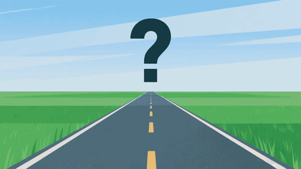 Illustration Of A Straight Road With Green Grass, Leading To A Giant Question Mark Vector Design Template