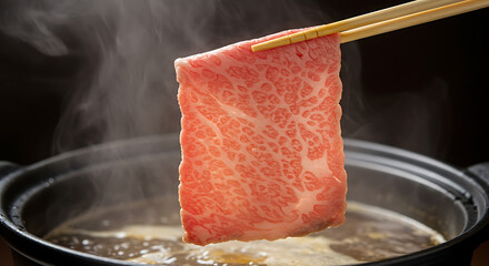 Chopsticks holding marbled Wagyu beef over a steaming Sukiyaki hot pot