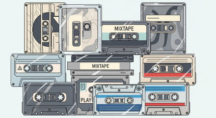 A collection of vintage cassette tapes, stacked and arranged in a nostalgic display of retro music culture and mixtape memories