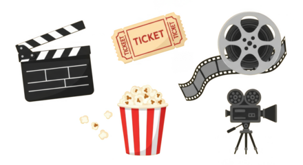 Movie night icons with popcorn ticket film