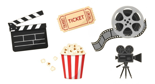 Movie night icons with popcorn ticket film