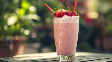 A refreshing strawberry milkshake in a glass, topped with whipped cream and garnished with fresh strawberries, sits on a wooden table in a bright, leafy environment.