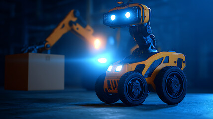A robotic vehicle with glowing eyes and headlights is positioned in a dimly lit industrial setting, with a mechanical arm handling a box in the background.