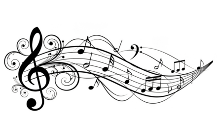 Musical notes dance in swirling lines