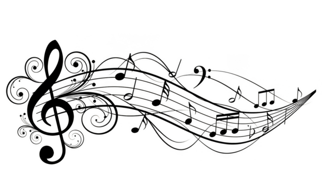 Musical notes dance in swirling lines