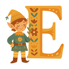 Charming elf with floral Letter E  whimsical folk-style vector for alphabet lessons, nursery posters, name initials, kids books, flashcards, emblems, and playful classroom decor