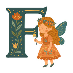 Enchanting fairy with floral Letter F magical folk-style vector perfect for alphabet learning, nursery posters, personalized prints, children’s books, flashcards, and whimsical decor