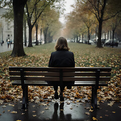 Woman Sitting on Bench in Autumn City Park &ndash; Rainy Day Reflection