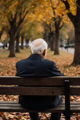 Fototapeta premium Elderly Man Relaxing on Bench in Autumn Park – Peaceful Moment of Reflection
