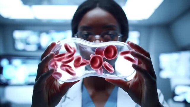 female scientist examining red blood cells in lab