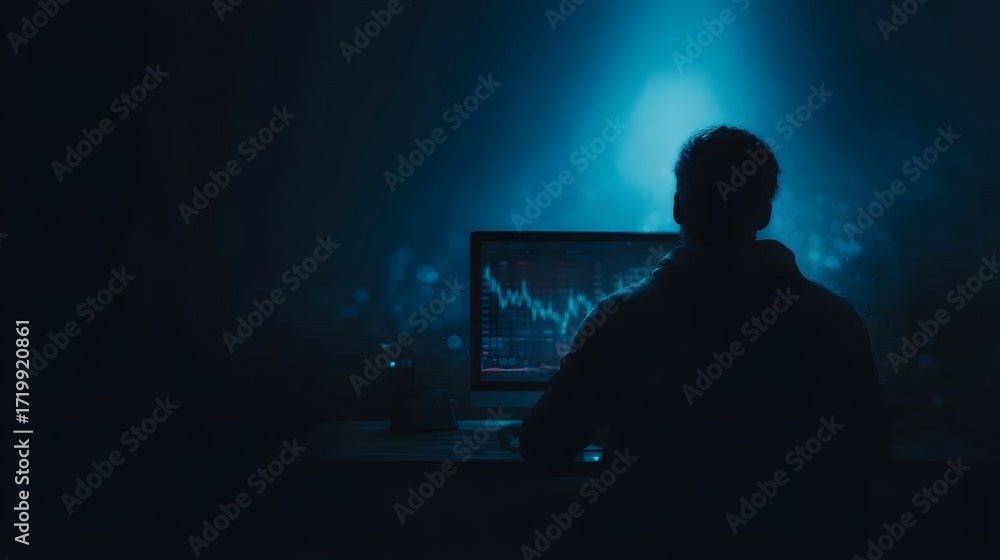 Poster silhouette of a person analyzing financial data on a computer screen in a dimly lit room with blue a