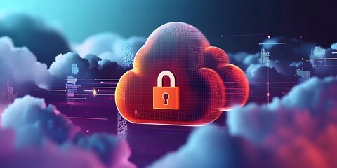Secure cloud computing concept with a padlock symbol on a digital network.