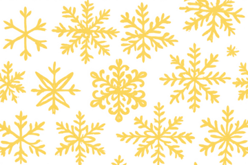 Yellow snowflakes pattern on transparent background, winter holiday decoration for greeting cards and festive designs