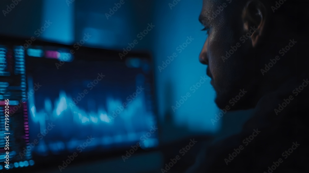 Poster a person intently observing financial data charts on a computer screen in a dark blue lit environmen