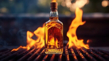 A bottle of amber liquid stands against a backdrop of flames, creating a dramatic contrast between fire and glass.