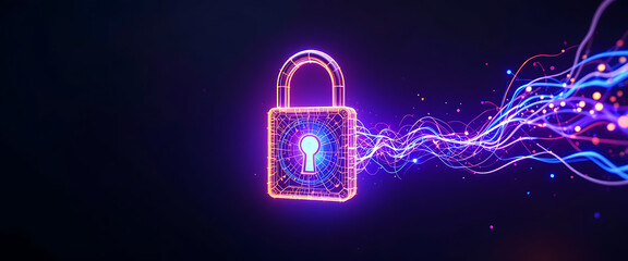 Wireframe 4D padlock glowing with ultraviolet plasma, futuristic minimal style striking golden ans blue purple flacks of light flowing from the right corner,