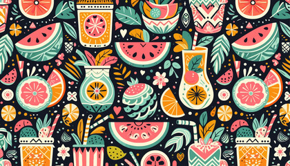 abstract seamless pattern with juicylicious juice and fruit vector background
