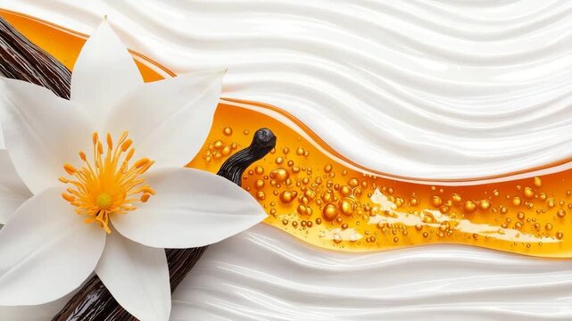 Delicate vanilla flower with honey drizzles on textured cream background