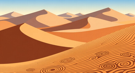 A mesmerizing desert landscape unfolds with rolling sand dunes, showcasing intricate patterns and textures under a clear sky, creating a sense of vastness and tranquility