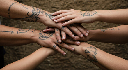 Diverse group of friends with matching tattoos showing unity and support by stacking hands in a circle