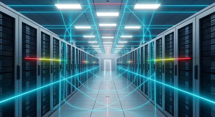 Futuristic data center with servers and network connections concept