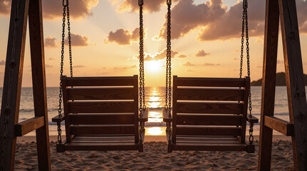 Front shot of twin wooden swings side by side under,Twin swings symbolize friendship and shared childhood joy.