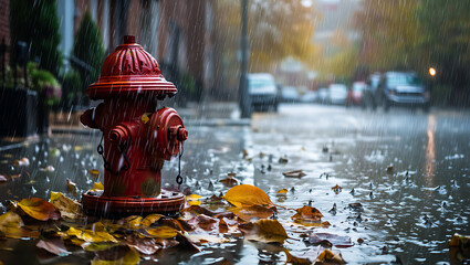Red Fire Hydrant on Wet City Street – Urban Autumn Scene in Rain