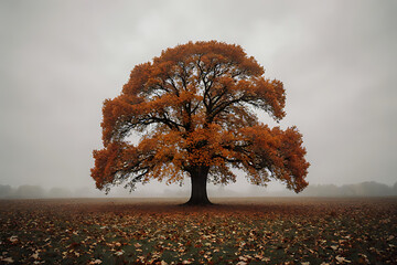 Lonely Autumn Tree in Fog – Serene Landscape with Vibrant Fall Colors
