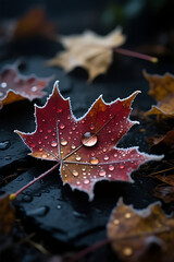Frosty Red Maple Leaf with Water Drops – Autumn Beauty in Nature