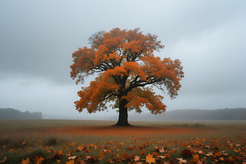 Lonely Autumn Tree in Fog – Serene Landscape with Vibrant Fall Colors