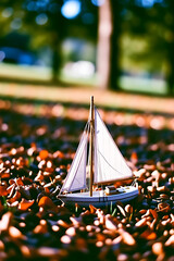 Miniature Sailboat on Autumn Leaves – Whimsical Dream in Nature
