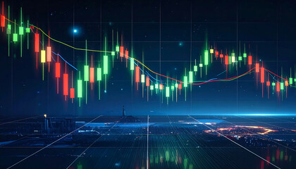 暗い背景に浮かぶ緑と赤のローソク足が示す株式市場の変動チャート