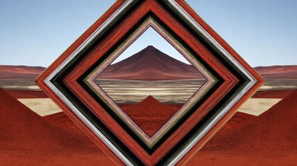 Geometric Diamond Frame Overlooking a Desert Landscape with a Volcano mountain sand