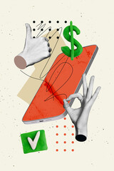 Vertical image art pop trend collage of human hands show like okay gesture approval checkmark transaction dollar phone income