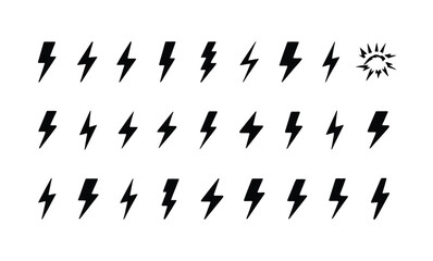 Collection of Black Lightning Bolt Icons and a Sunburst Symbol on White Background