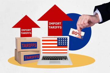 Composite 3D collage artwork design of arrow up import tariffs box country industry commerce...