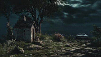 A rustic, weathered cabin rests on a moonlit, stony path at the edge of a dark forest.