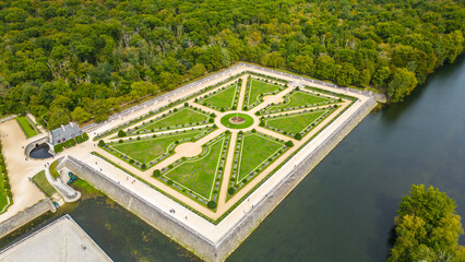 Aerial view of Château de Chenonceau, one of the most famous Loire Valley castles in France....