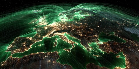 Global Network Connections Over Europe at Night earth globe