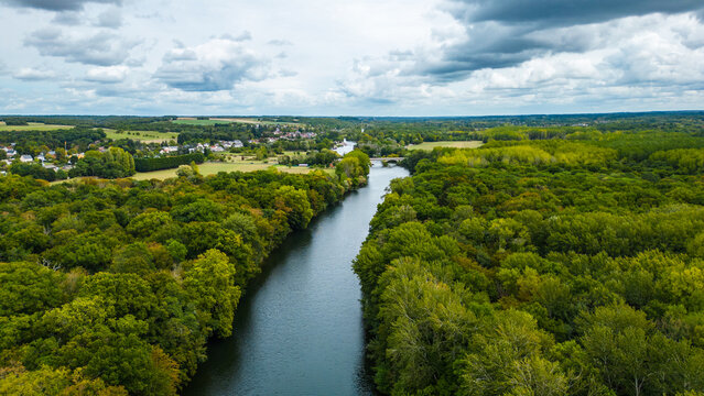 Aerial view of Ch&acirc;teau de Chenonceau, one of the most famous Loire Valley castles in France. Renaissance architecture spanning the River Cher, surrounded by lush forests and beautifully landscape