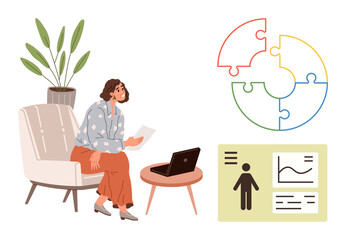Woman sitting on a chair with paper, laptop on table, colorful puzzle infographics, and presentation board. Ideal for teamwork, strategy, learning, brainstorming, career planning simple flat