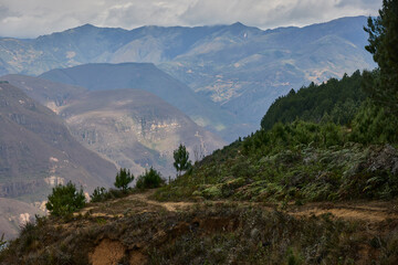 Obraz premium From the Mirador de Huancas, the Sonche Canyon reveals its breathtaking depth and immensity. Sheer cliffs plunge into the valley below, while the vast Andean landscape stretches beyond