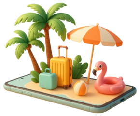 Tropical vacation scene with luggage and flamingo on a smartphone screen mobile phone travel isolated on a transparent background
