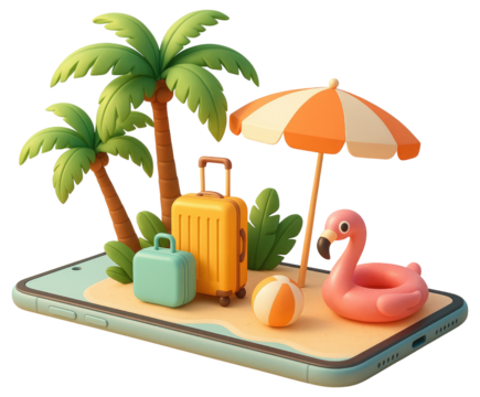 Tropical vacation scene with luggage and flamingo on a smartphone screen mobile phone travel isolated on a transparent background